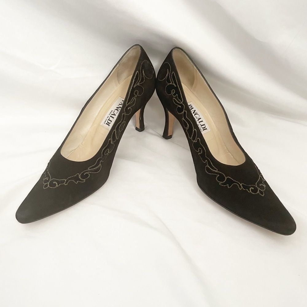 Pancaldi Black Suede Embroidered Heels 7.5” - Picture 6 of 9